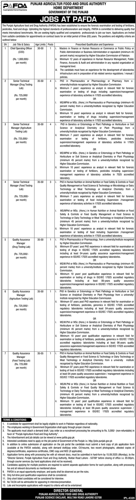 Jobs in Punjab Agriculture & Drug Authority
